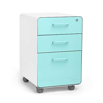 Poppin Stow 3-Drawer Rolling File Cabinet - White + Aqua. 2 Utility Drawers and 1 Hanging File Drawer. Two Locking and Two Non-Locking Wheels. Powder-Coated Steel. Two Keys Included