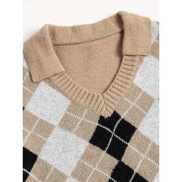 ZAFUL Women's Argyle Sweater V-Neck Lapel Collar Cropped Sweater Long-Sleeve Plaid Sweater Pullover Jumper Knit Top (2-Light Coffee,M)