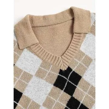 ZAFUL Women's Argyle Sweater V-Neck Lapel Collar Cropped Sweater Long-Sleeve Plaid Sweater Pullover Jumper Knit Top (2-Light Coffee,M)