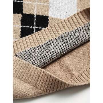 ZAFUL Women's Argyle Sweater V-Neck Lapel Collar Cropped Sweater Long-Sleeve Plaid Sweater Pullover Jumper Knit Top (2-Light Coffee,M)