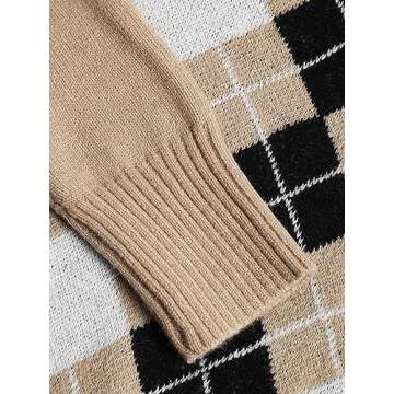 ZAFUL Women's Argyle Sweater V-Neck Lapel Collar Cropped Sweater Long-Sleeve Plaid Sweater Pullover Jumper Knit Top (2-Light Coffee,M)