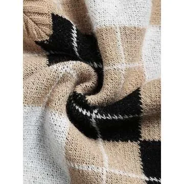 ZAFUL Women's Argyle Sweater V-Neck Lapel Collar Cropped Sweater Long-Sleeve Plaid Sweater Pullover Jumper Knit Top (2-Light Coffee,M)