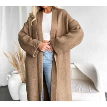 Warm Oversized Women's Long Cardigan Sweater in Khaki