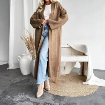 Warm Oversized Women's Long Cardigan Sweater in Khaki