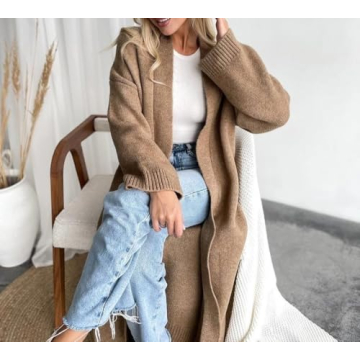 Warm Oversized Women's Long Cardigan Sweater in Khaki
