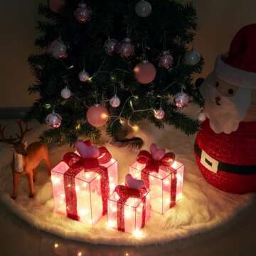 Pink Decorations Lighted Gift Boxes with Pink Cloth, Pre-lit Lights Gift Boxes Set of 3, Light up Present Boxes Set Battery Operated with Different Sizes for Holiday Indoor Decorations