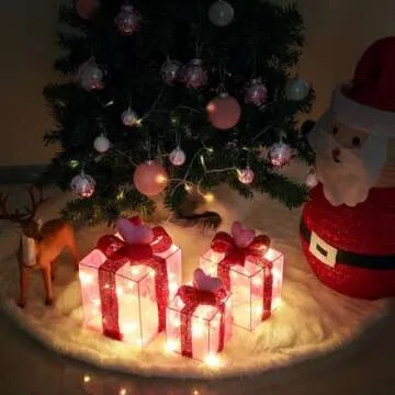 Pink Decorations Lighted Gift Boxes with Pink Cloth, Pre-lit Lights Gift Boxes Set of 3, Light up Present Boxes Set Battery Operated with Different Sizes for Holiday Indoor Decorations
