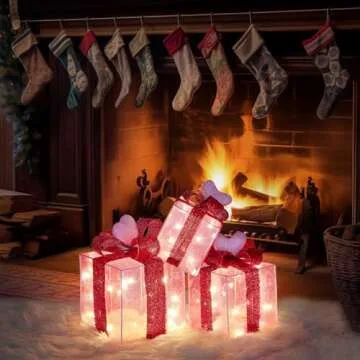 Pink Decorations Lighted Gift Boxes with Pink Cloth, Pre-lit Lights Gift Boxes Set of 3, Light up Present Boxes Set Battery Operated with Different Sizes for Holiday Indoor Decorations