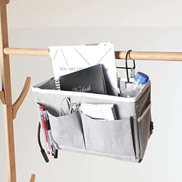 CYQGDKF Hanging Basket bedside caddy – 2-Pack Grey and White Bed Storage Pocket – Sturdy Iron Frame with Canvas – Side Mesh Pocket and Double Hook Design – Ideal for Home, Kids