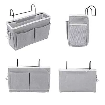 CYQGDKF Hanging Basket bedside caddy – 2-Pack Grey and White Bed Storage Pocket – Sturdy Iron Frame with Canvas – Side Mesh Pocket and Double Hook Design – Ideal for Home, Kids