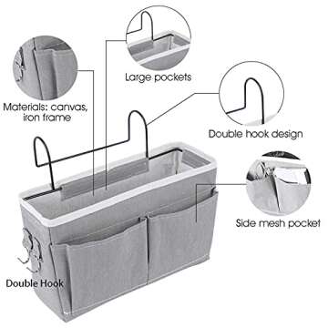 CYQGDKF Hanging Basket bedside caddy – 2-Pack Grey and White Bed Storage Pocket – Sturdy Iron Frame with Canvas – Side Mesh Pocket and Double Hook Design – Ideal for Home, Kids