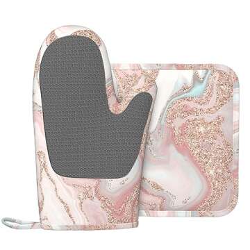Rose Gold Glitter Coral Gray Pastel Marble Oven Mitts and Pot Holders Set Heat Resistant Non-Slip Si...