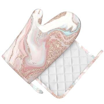 Rose Gold Glitter Coral Gray Pastel Marble Oven Mitts and Pot Holders Set Heat Resistant Non-Slip Silicone Mittens with Gloves and Hot Pads Potholders for BBQ Kitchen Baking Cooking, Quilted Liner