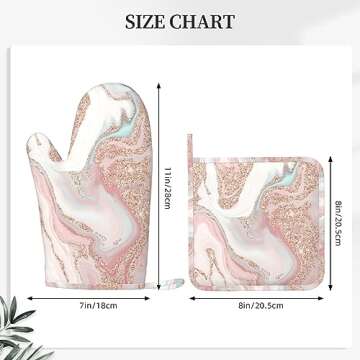 Rose Gold Glitter Coral Gray Pastel Marble Oven Mitts and Pot Holders Set Heat Resistant Non-Slip Silicone Mittens with Gloves and Hot Pads Potholders for BBQ Kitchen Baking Cooking, Quilted Liner