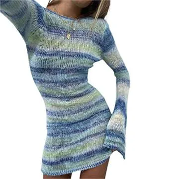 Simssic Women Crochet Knit Dress Backless Mini Beachwear