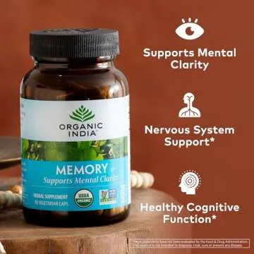 ORGANIC INDIA Memory Herbal Supplement - Brain Supplement for Memory and Focus, Bacopa Monnieri & Gotu Kola Brain Herbal Supplement, Memory Support - USDA Certified Organic, Non-GMO - 90 Capsules
