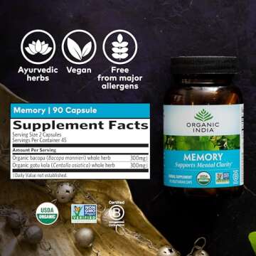 ORGANIC INDIA Memory Herbal Supplement - Brain Supplement for Memory and Focus, Bacopa Monnieri & Gotu Kola Brain Herbal Supplement, Memory Support - USDA Certified Organic, Non-GMO - 90 Capsules
