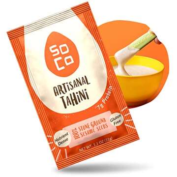 SoCo Artisanal Tahini Paste Squeeze Packs, Pure Ground Sesame Tahini Sauce, Vegan Pesto Sauces, Plant-Based, Gluten-Free, Non-GMO, Kosher Condiments, 1.09 oz (31 g), Box of 10