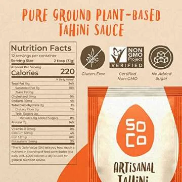SoCo Artisanal Tahini Paste Squeeze Packs, Pure Ground Sesame Tahini Sauce, Vegan Pesto Sauces, Plant-Based, Gluten-Free, Non-GMO, Kosher Condiments, 1.09 oz (31 g), Box of 10