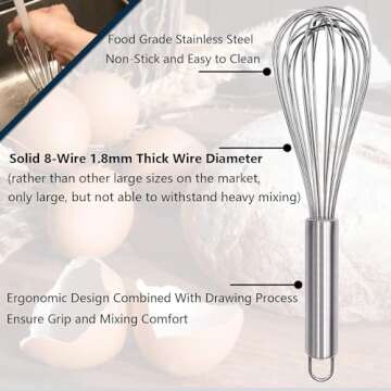 Stainless Steel Whisk, Whisk Set with Measuring Spoon and 8"+10"+12" Wire Whisk for Cooking, Blending, Whisking, Beating and Stirring, Enhanced Version Balloon Whisk