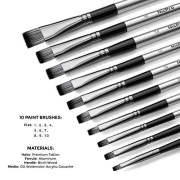 Nicpro 10 PCS Flat Paint Brush Set Art Painting Brushes for Acrylic Watercolor Oil Gouache, Craft Detail Face Body Painting Artist Kit for Kid & Adult