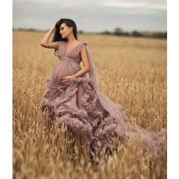 Yinyyinhs Long Tulle Maternity Robe for Elegant Photoshoots - Dusty Blue S-M