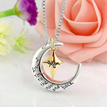 POWER WING Mom Necklaces for Women I Love You to The Moon and Back Moon&Star Pendant Necklace Birthday Gifts for Mom Mothers Day Gifts for Women