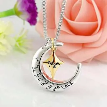 POWER WING Mom Necklaces for Women I Love You to The Moon and Back Moon&Star Pendant Necklace Birthday Gifts for Mom Mothers Day Gifts for Women