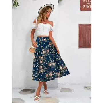 Zeagoo Womens Midi Skirt High Waist Aline Flowy Skrits Summer Floral Skirts Swing Skirts,S