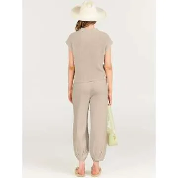 ANRABESS Women's Two Piece Outfits Knit Sweater Vest Crop Top Pants Lounge Matching Tracksuit Sweatsuit Travel Clothes Sets Khaki Small