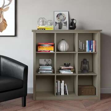SIMPLIHOME Artisan Solid Wood 9 Cube Bookcase in Grey