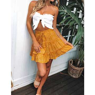 Bbonlinedress Women's Mini Floral Ruffle Skirt High Waist Summer Boho Short Flowy Skirt AYellow Dot S