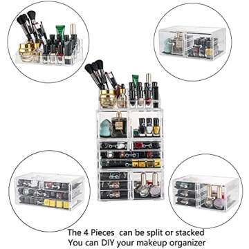 Sooyee Makeup Organizer,Make Up Organizer Stands,Acrylic Makeup Storage 10 Makeup Drawer Organizer for Bathroom, Dresser, Vanity Accessories or Countertop,Clear,4 Pieces Stackable