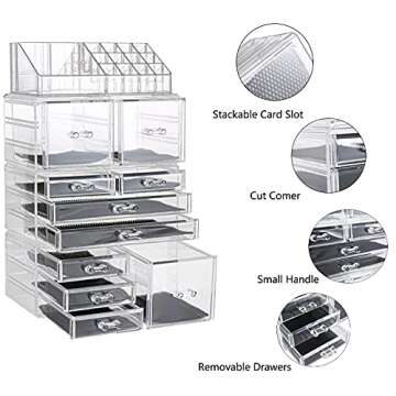 Sooyee Makeup Organizer,Make Up Organizer Stands,Acrylic Makeup Storage 10 Makeup Drawer Organizer for Bathroom, Dresser, Vanity Accessories or Countertop,Clear,4 Pieces Stackable