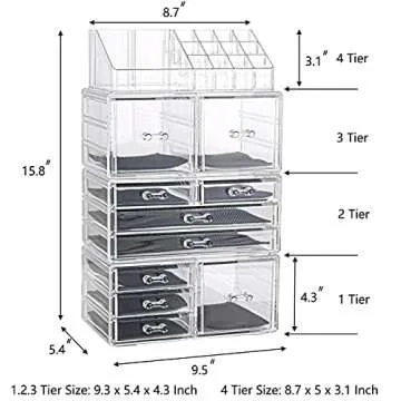 Sooyee Makeup Organizer,Make Up Organizer Stands,Acrylic Makeup Storage 10 Makeup Drawer Organizer for Bathroom, Dresser, Vanity Accessories or Countertop,Clear,4 Pieces Stackable