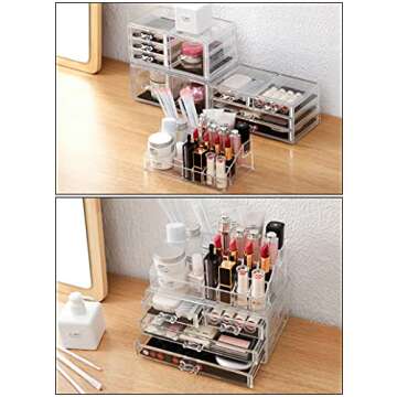 Sooyee Makeup Organizer,Make Up Organizer Stands,Acrylic Makeup Storage 10 Makeup Drawer Organizer for Bathroom, Dresser, Vanity Accessories or Countertop,Clear,4 Pieces Stackable