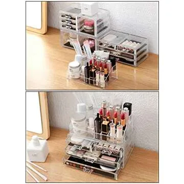 Sooyee Makeup Organizer,Make Up Organizer Stands,Acrylic Makeup Storage 10 Makeup Drawer Organizer for Bathroom, Dresser, Vanity Accessories or Countertop,Clear,4 Pieces Stackable
