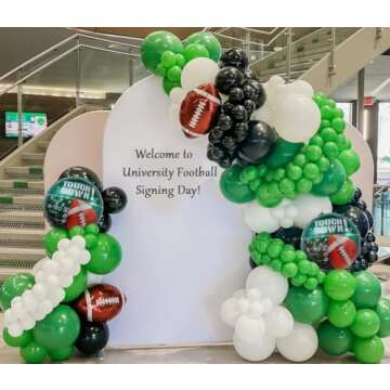 120pcs Football Balloon Garland Arch Kit Sage Green and Black White Balloons with Football Foil Balloon for Super Bowl Sport Theme Touch Down Rugby Party Decorations