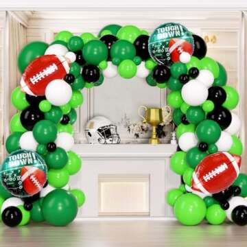 120pcs Football Balloon Garland Arch Kit Sage Green and Black White Balloons with Football Foil Balloon for Super Bowl Sport Theme Touch Down Rugby Party Decorations