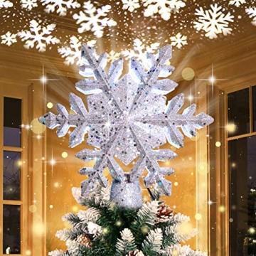 OurWarm Christmas Tree Topper Lighted with LED Rotating Silver Snowflake Decorations Projector Silve...