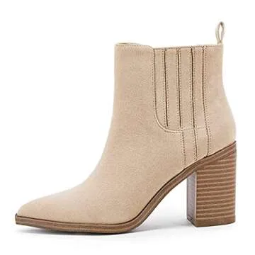 Womens Slip on Booties Chunky Stacked Mid Heel Leather Pointed Toe Elastic Side Fashion Western Ankl...