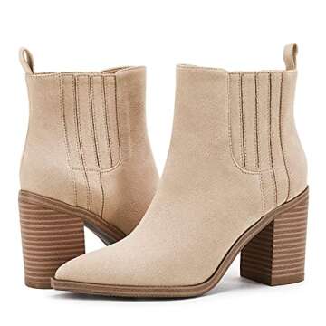 Womens Slip on Booties Chunky Stacked Mid Heel Leather Pointed Toe Elastic Side Fashion Western Ankle Boots