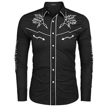 COOFANDY Men's Western Cowboy Shirt - Embroidered Denim Casual Button Down Black, Large