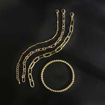 Gold Link Bracelet for Women 14K Gold Plated Dainty Link Beads Bracelets Adjustable Layered Metal Link Bracelet Set Handmade Fashion Jewelry