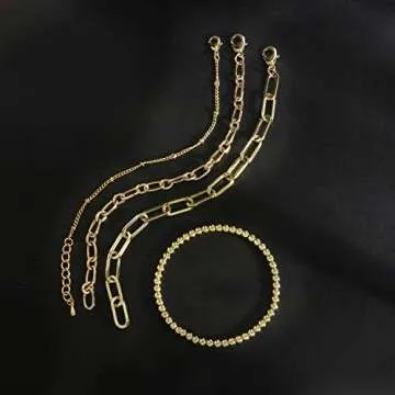 Gold Link Bracelet for Women 14K Gold Plated Dainty Link Beads Bracelets Adjustable Layered Metal Link Bracelet Set Handmade Fashion Jewelry