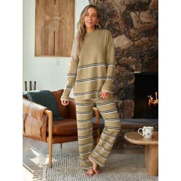 LILLUSORY 2 Piece Outfits for Women 2024 Fall Fashion Oversized Striped Sweaters Sets Cozy Lounge Sets Knit Clothes StripedKhaki S