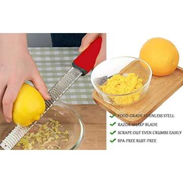 Lemon Zester, Cheese Grater, Zester for Kitchen with Razor-Sharp Stainless Steel Blade, Protective Cover and Cleaning brush, Dishwasher Safe, Red