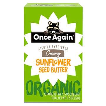 Once Again Organic Creamy Sunflower Butter - 1.15oz Squeeze Packs, 10 Count - Lightly Salted & Sweetened - Peanut Free, USDA Organic, Gluten Free Certified, Vegan, Kosher