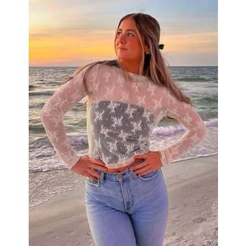 Wyeysyt Women's Mesh Tops Sexy Long Sleeve Mock Neck Sheer Blouse Lace Floral See Through Layering T...