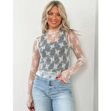 Wyeysyt Women's Mesh Tops Sexy Long Sleeve Mock Neck Sheer Blouse Lace Floral See Through Layering Top(White-M)